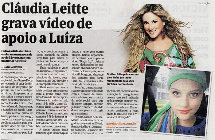 Cláudia Leitte grava vídeo de apoio a Luiza