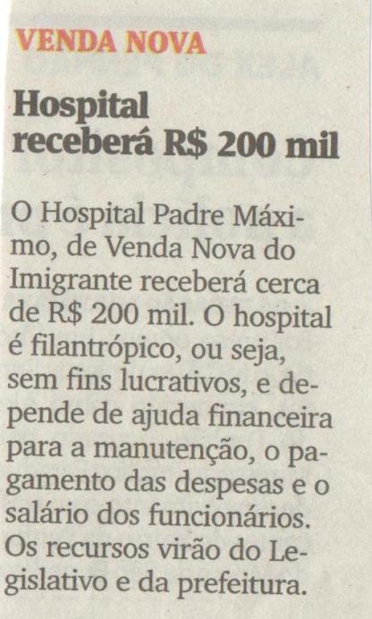 Hospital receberá R$ 200 mil