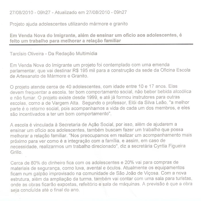 Projeto ajuda adolescentes utilizando mármore e granito