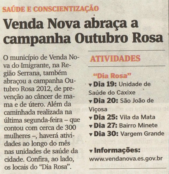 Venda Nova abraça a campanha Outubro Rosa