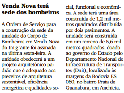 Venda Nova terá sede dos bombeiros