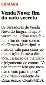 Venda Nova: fim do voto secreto