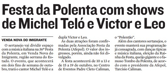 Festa da Polenta com shows de Michel Teló e Victor e Leo