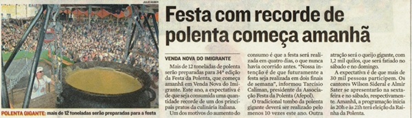 Festa com recorde de polenta começa amanhã