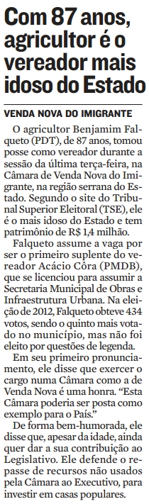 Com 87 anos, agricultor é o vereador mais idoso do Estado