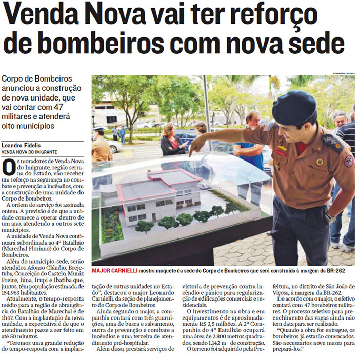 Venda Nova vai ter reforço de bombeiros com nova sede