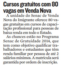 Cursos gratuitos com 80 vagas em Venda Nova