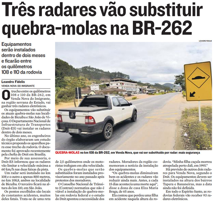 Três radares vão substituir quebra-molas na BR 262 