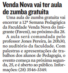 Venda Nova vai ter aula de zumba gratuita