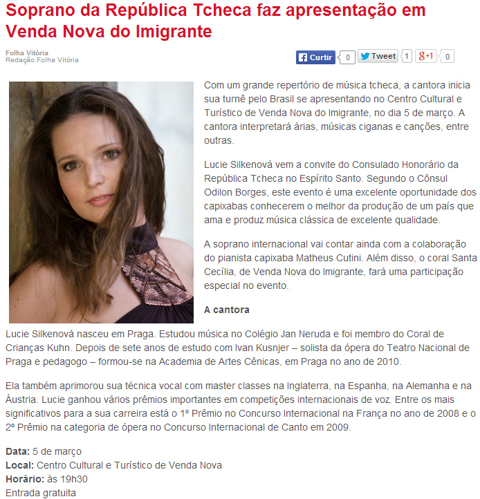 Soprano da República Tcheca faz apresentação em Venda Nova do Imigrante 