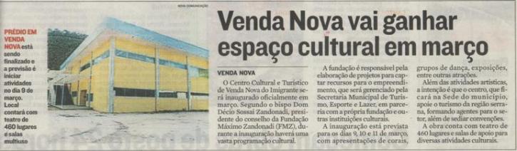 Venda Nova vai ganhar espaço cultural em março