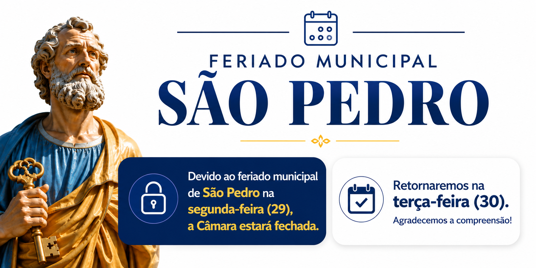Imagem da notícia: Câmara não terá expediente na segunda-feira (29) devido ao feriado de São Pedro