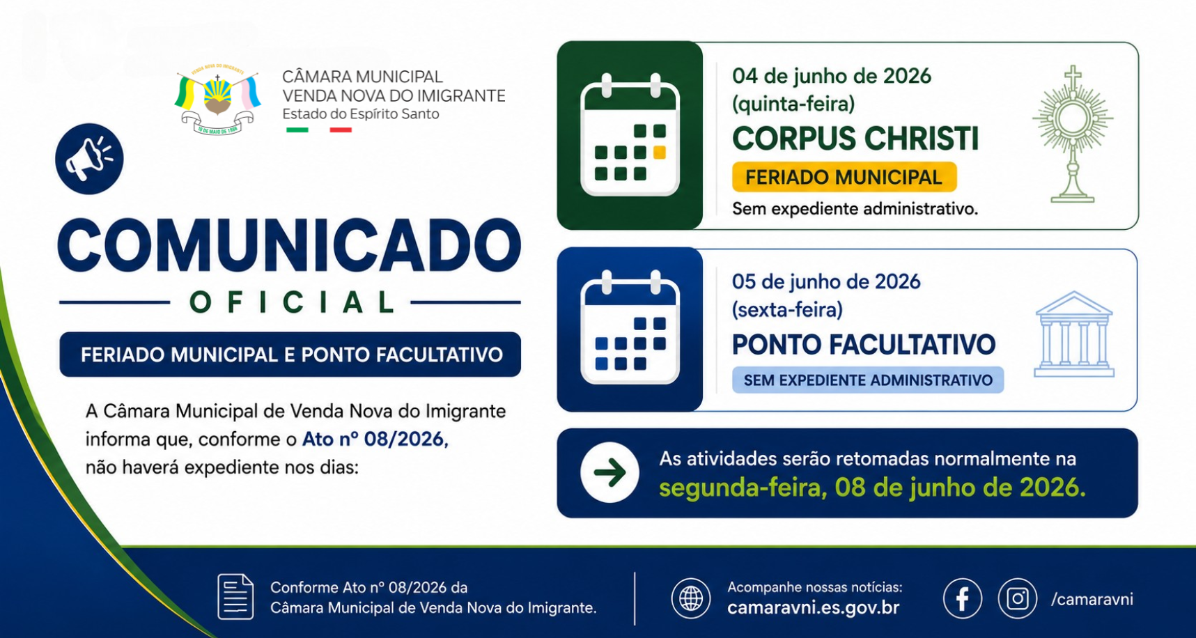 Imagem da notícia: Câmara terá ponto facultativo em razão do feriado municipal de Corpus Christi